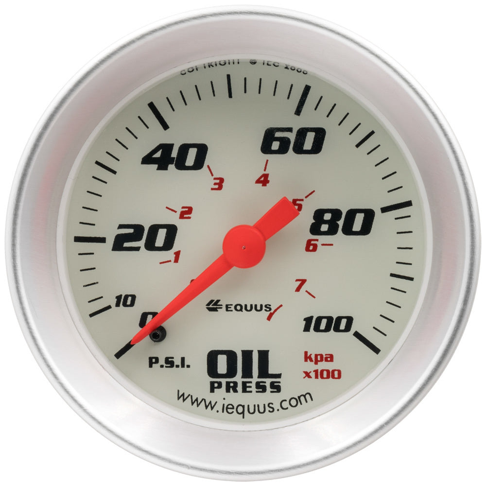 Equus 8000 Classic Series Oil Pressure Gauge - 0-100 psi - Mechanical - Analog - 2" Diameter - White Face