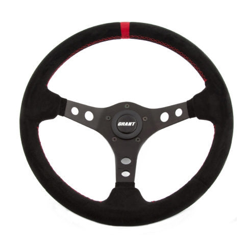 Grant Suede Series Steering Wheel - 13.75 in Diameter - 3.5 in Dish - 3-Spoke - Black Suede Grip - Red Stripe - Black Anodized