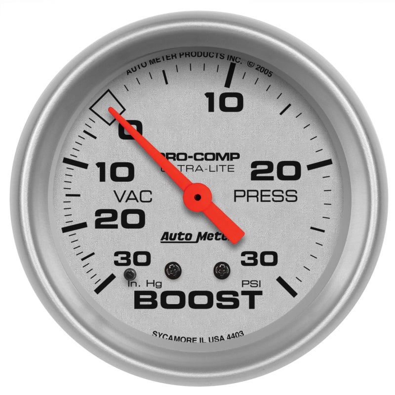 Auto Meter Ultra-Lite 30 in HG-30 psi Boost / Vacuum Gauge - Mechanical - Analog - 2-5/8 in Diameter - Silver Face