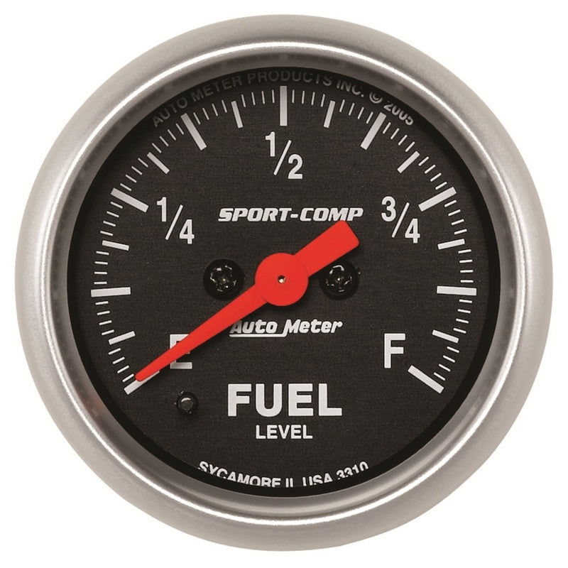 Auto Meter Sport-Comp 0-280 ohm Fuel Level Gauge - Electric - Analog - Full Sweep - 2-1/16 in Diameter - Programmable - Black Face