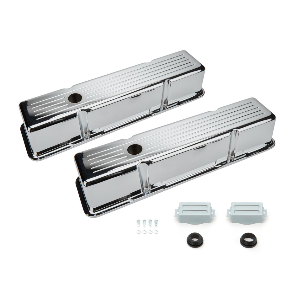 Racing Power Tall Valve Cover - 3-11/16 in Height - Baffled - Breather Holes - Ball Milled - Chrome - Small Block Chevy (Pair)