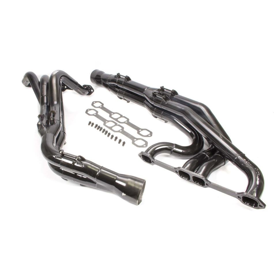 Schoenfeld Dirt Late Model Tri-Y Headers - Tri-Y - 1.875 to 2 in Primary - 3.5 in Collector - Black Paint - Small Block Chevy - Pair