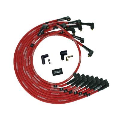Moroso Ultra Spiral Core 8 mm Spark Plug Wire Set - Sleeved - Red - 90 Degree Plug Boots - Socket Style - Under The Header - Big Block Chevy
