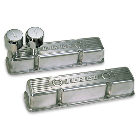 Moroso Die-Cast Aluminum Valve Covers - Polished SB Chevy - Tall Design - Two Breather Tubes