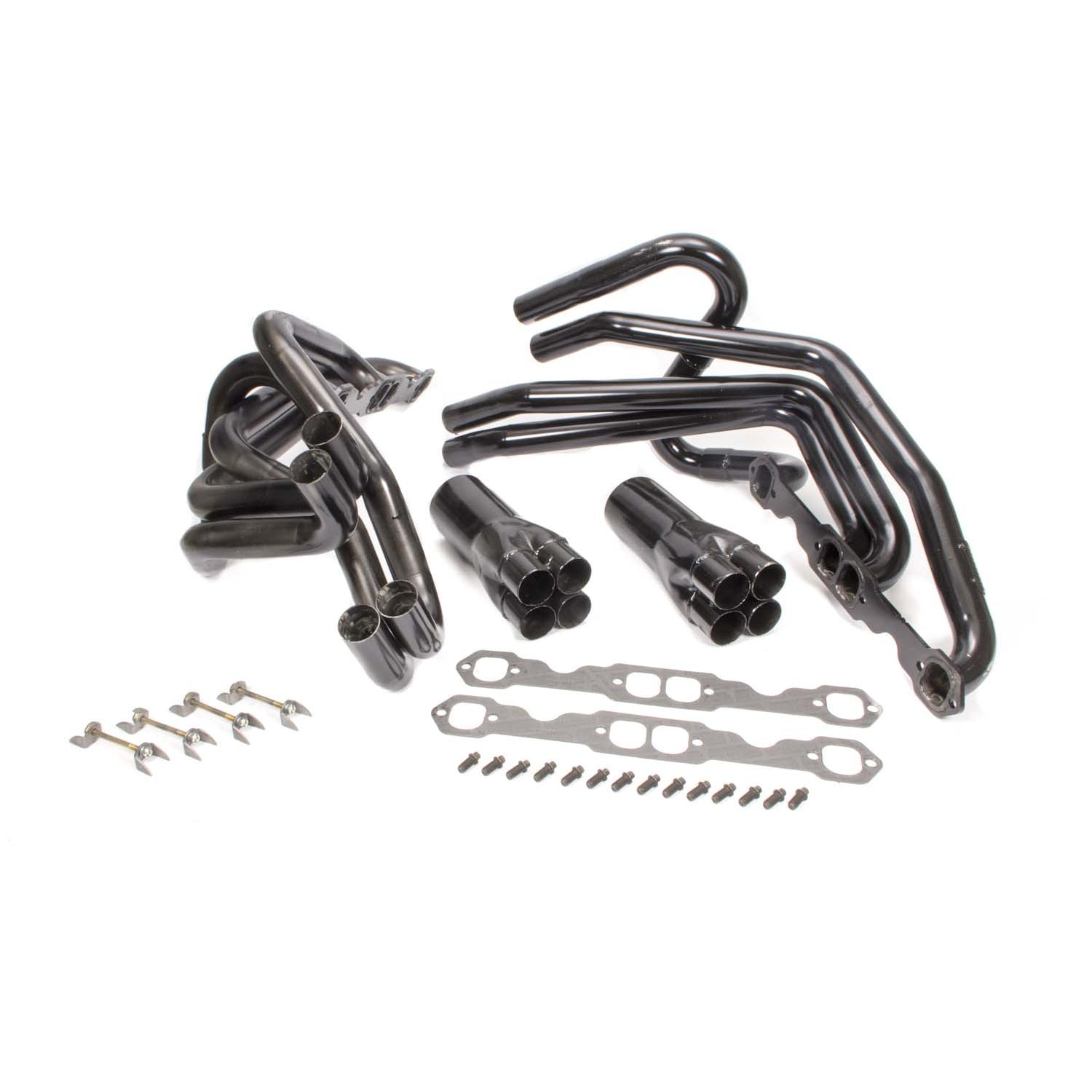Schoenfeld 180 Degree Crossover Headers - 1.75 in Primary - 3.5 in Collector - Black Paint - Small Block Chevy H180
