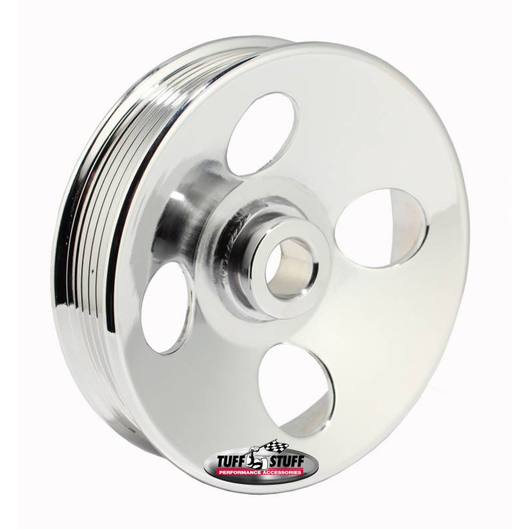 Tuff Stuff Serpentine Power Steering Pulley - 6 Rib - Press-On - 4.980" Diameter - Steel - Chrome - Tuff Stuff Type 2 Pumps