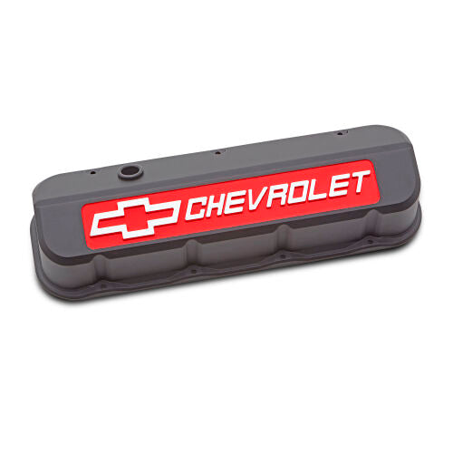 Proform Slant-Edge Tall Valve Cover - Baffled - Breather Hole - Redfield Chevrolet Logo - Black Crinkle - Big Block Chevy (Pair)