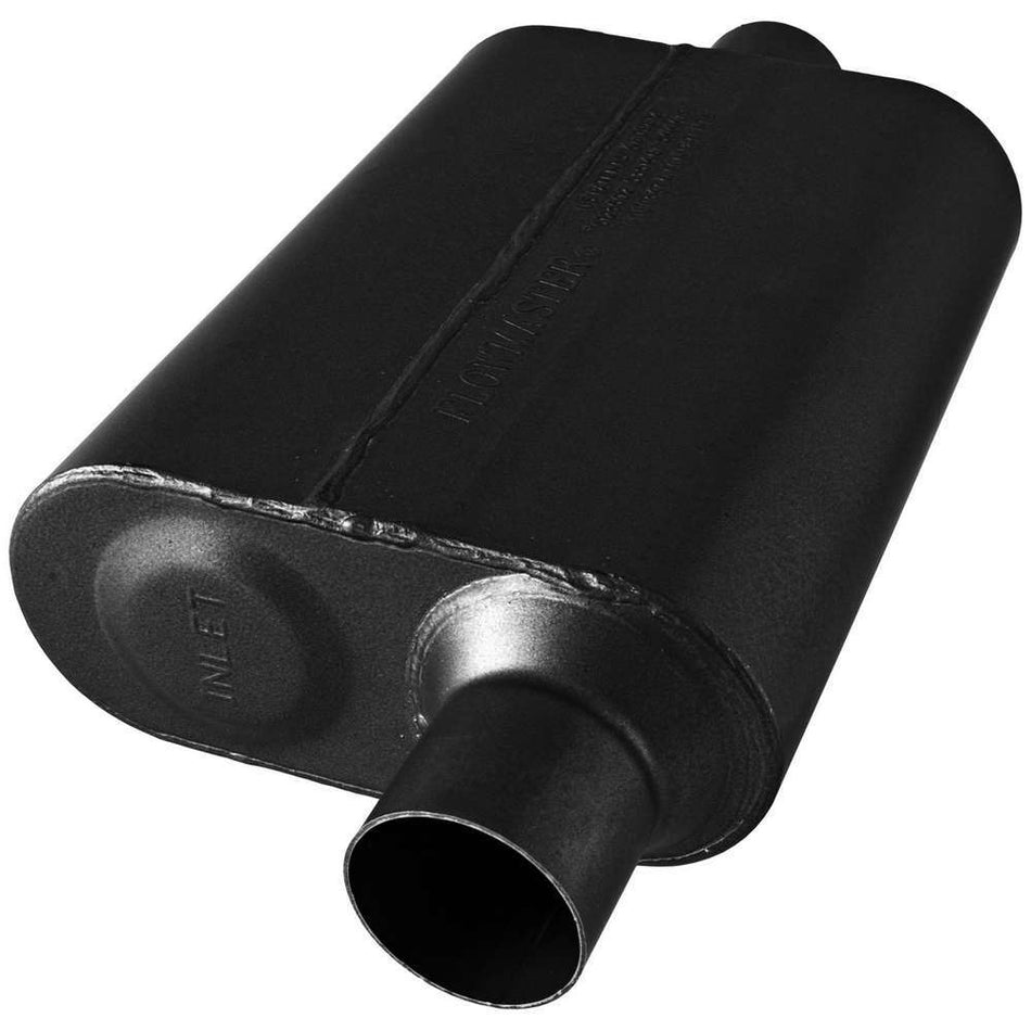 Flowmaster 40 Series Chambered Muffler - 2-1/2 in Offset Inlet - 2-1/2 in Center Outlet - 13 x 9-3/4 x 4 in Oval Body - 19 in Long - Black Paint - Universal 8042541
