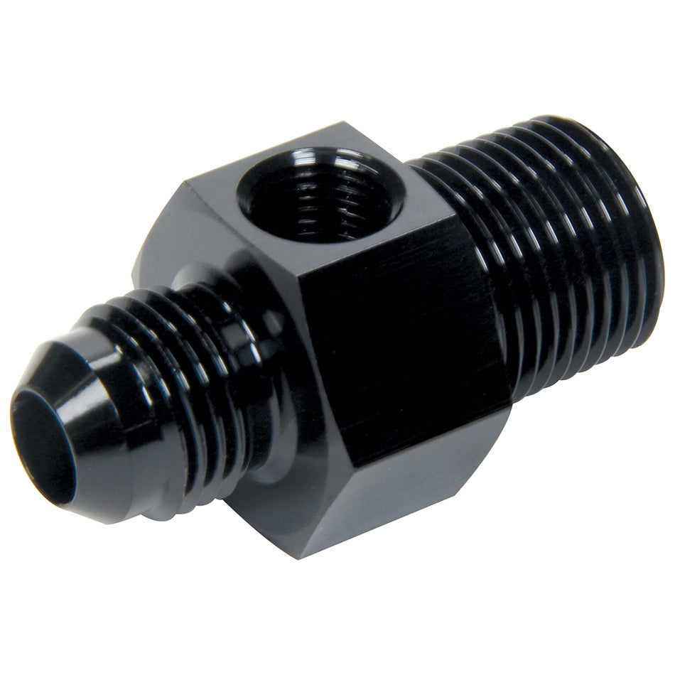 Allstar Performance Gauge Adapter - Straight - 6 AN Male to 3/8" NPT Male - 1/8" NPT Gauge Port - Aluminum - Black Anodize