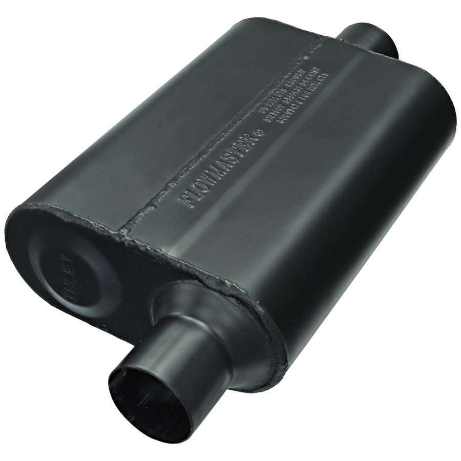 Flowmaster Super 44 Series Chambered Muffler - 2-1/2 in Offset Inlet - 2-1/2 in Center Outlet - 13 x 9-3/4 x 4 in Oval Body - 19 in Long - Black Paint 942546