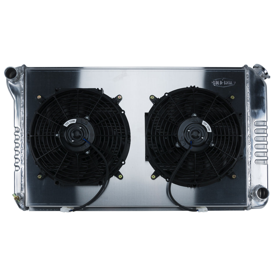 Cold-Case Aluminum Radiator and Fan - 33.2" W - 18.8" H - 3" D - Driver Side Inlet - Passenger Side Outlet - Polished - Manual - GM F-Body 1970-81