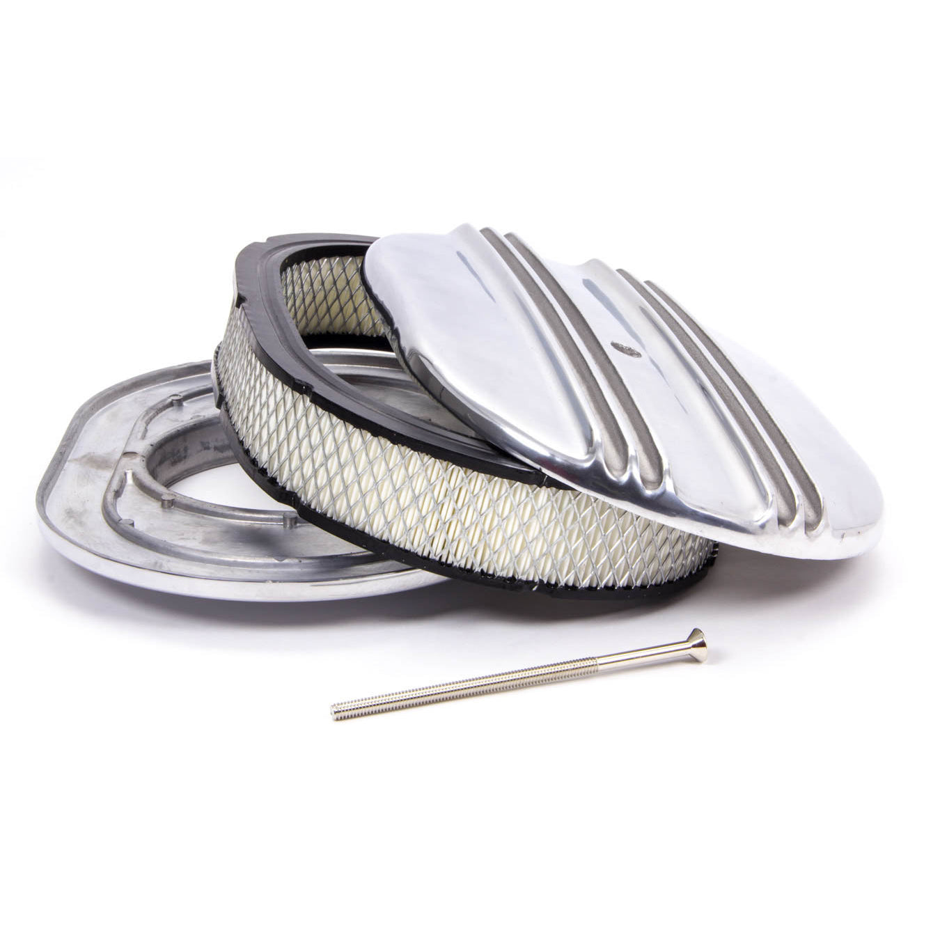Racing Power Finned Oval Air Cleaner Assembly - 12 in Oval - 2 in Element - 5-1/8 in Carb Flange - Flat Base - Polished R6320