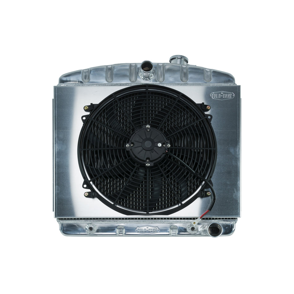 Cold-Case Aluminum Radiator and Fan - 23.5" W x 23.5" H x 3" D - Center Inlet - Passenger Side Outlet - Polished - Chevy V8 - Chevy Fullsize Car 1955-57