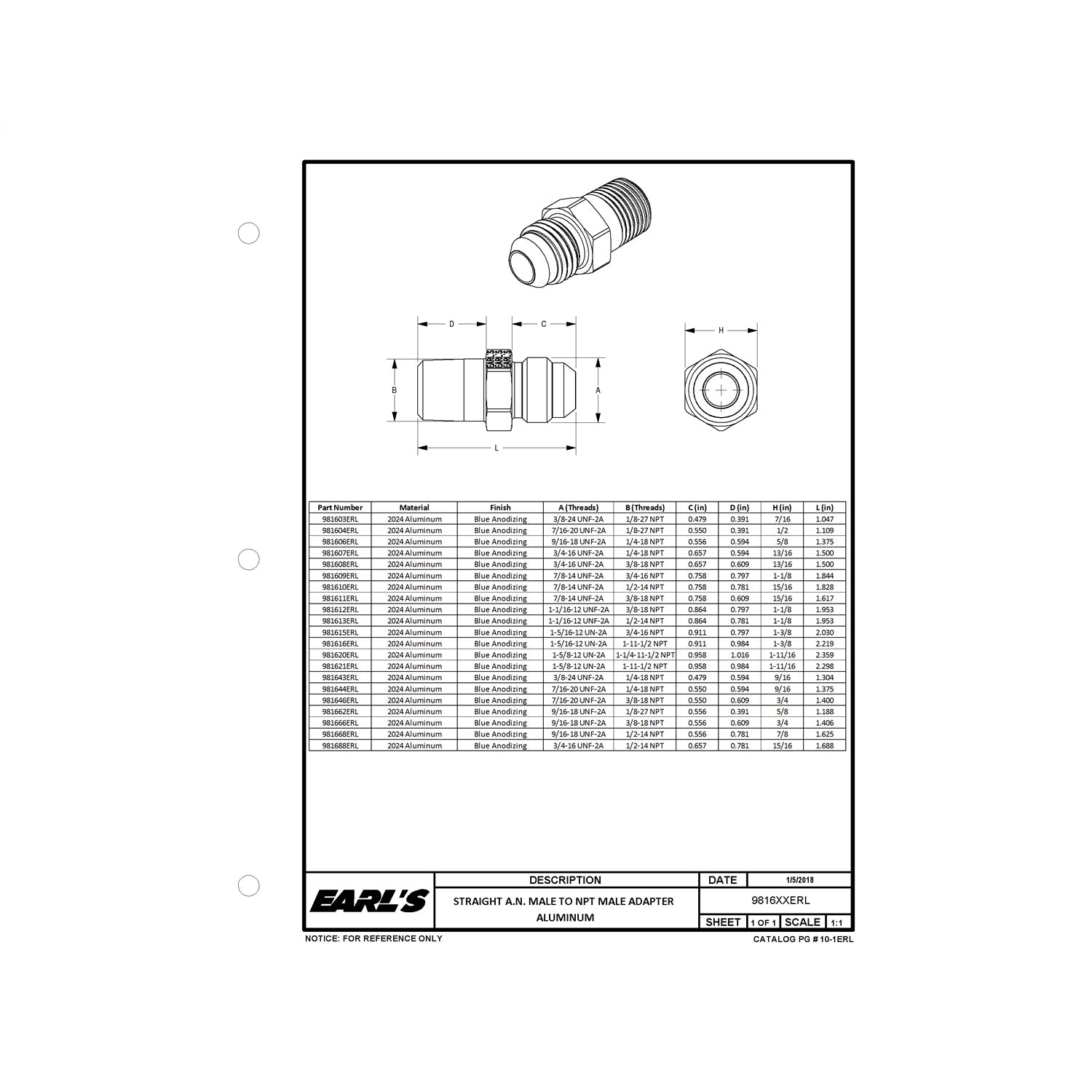 Earl's Aluminum Straight Pipe Thread to AN Adapter - 1/8" NPT to -06 AN