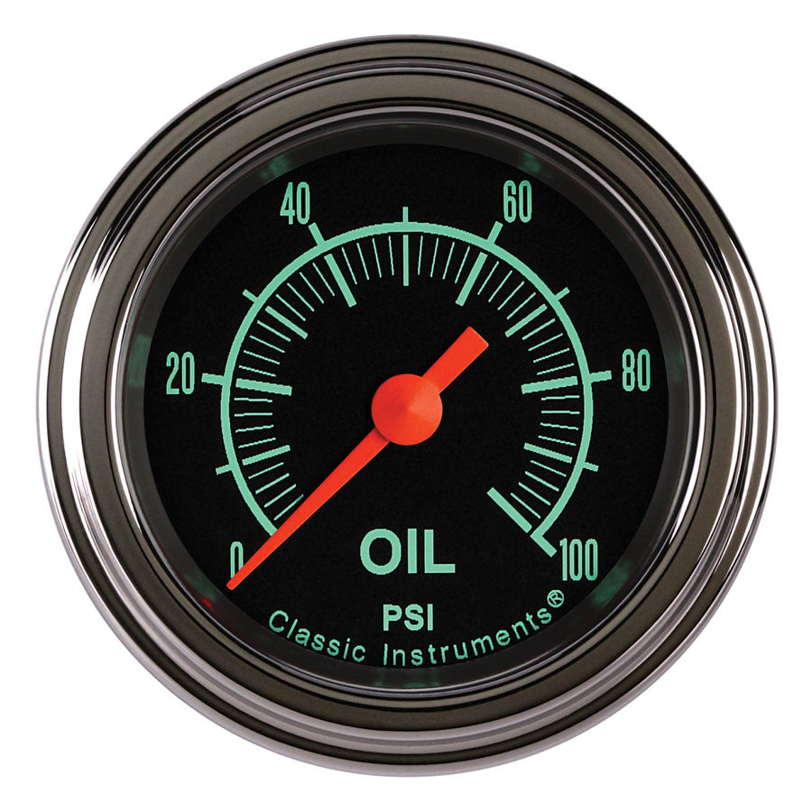 Classic Instruments G/Stock Oil Pressure Gauge - 0-100 psi - Full Sweep - 2-1/8 in Diameter - Low Step Stainless Bezel - Black Face