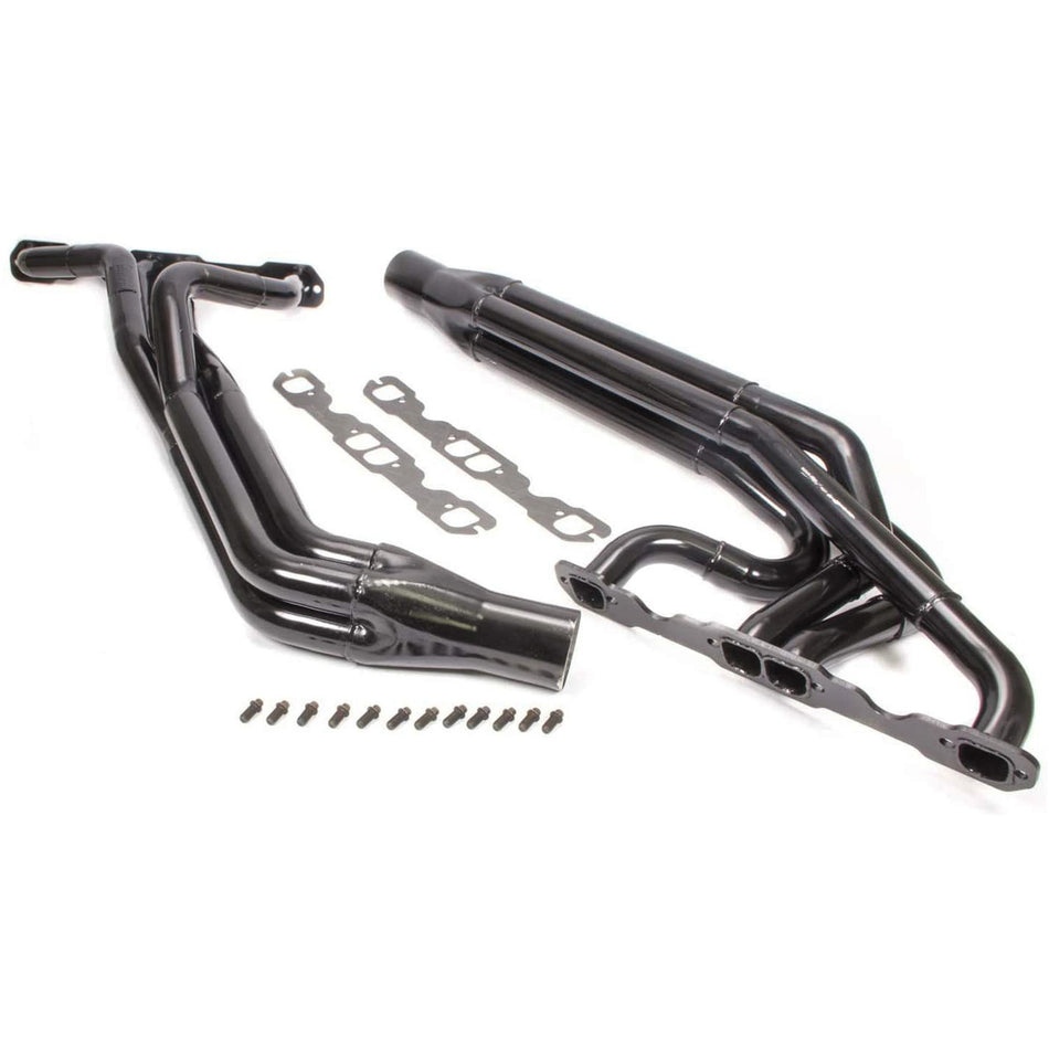 Schoenfeld Dirt Late Model Headers - 1-1/2 to 1-7/8" Primary - 3" Collector - Steel - Black Paint - SB Chevy