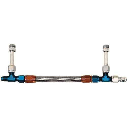 Aeroquip Carburetor Fuel Line - 6 AN Single Male Inlet - 9/16-24 in Dual Outlets - Braided  Hose - Blue / Red / Silver - Holley 4150