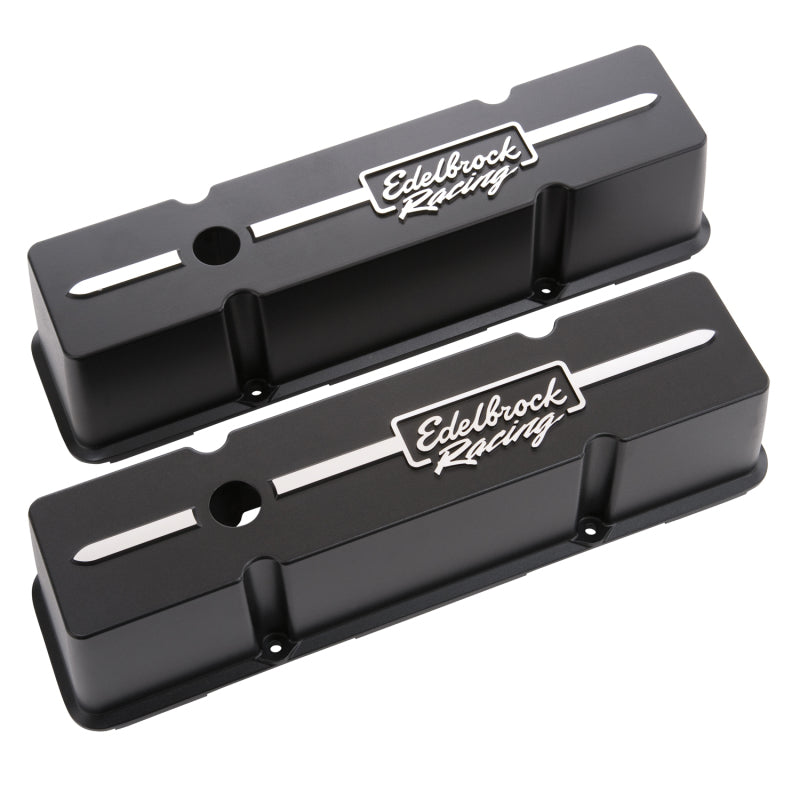 Edelbrock Racing Series Tall Valve Cover - Breather Hole - Edelbrock Logo - Black Powder Coat - Small Block Chevy - Pair