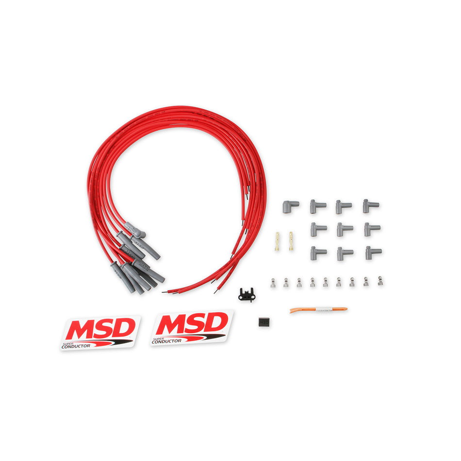 MSD Universal Super Conductor Spark Plug Wire Set - (Red) - Fits 8 Cylinder Engines w/ "HEI" Type Distributor Caps, Multi-Angle Spark Plug Boots & Terminals, 90 Distributor Socket Boots & Terminals