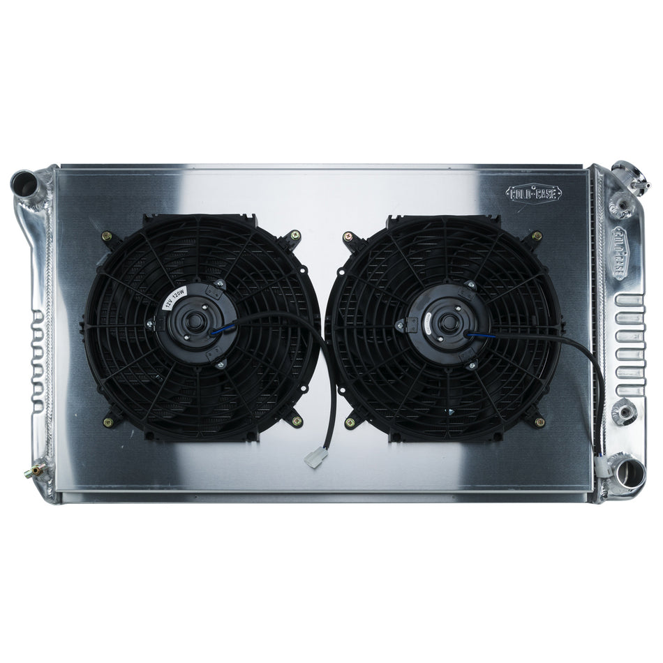 Cold-Case Aluminum Radiator and Fan - 34.75" W x 18.75" H x 3" D - Driver Side Inlet - Passenger Side Outlet - Polished - Automatic - GM A-Body 1968-77