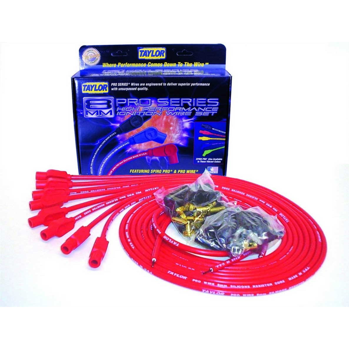 Taylor 8mm Pro Wires Universal Spark Plug Wire Set - Red - Resistor Core Conductor - 180 Plug Boots