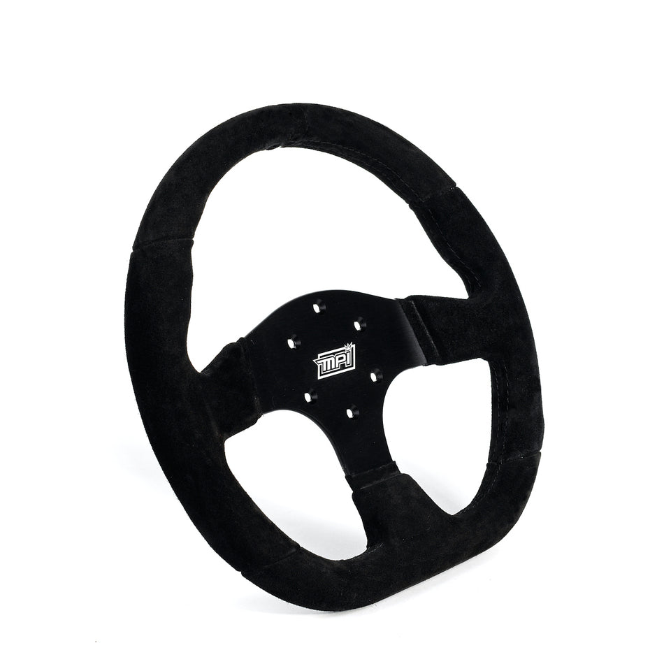 MPI Touring Steering Wheel - 13 in Diameter - D-Shaped - 1.25 in Dish - 3-Spoke - Black Suede Grip - Black Anodized
