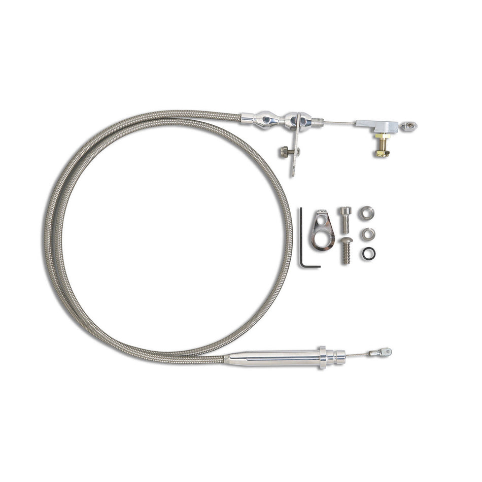 Lokar Hi-Tech Kickdown Cable - Adjustable Length - Braided Stainless Housing - Aluminum Fittings - Polished - TH350