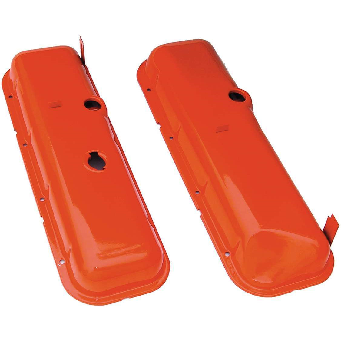 Trans-Dapt Valve Cover - Stock Height - Baffled - Breather Holes - Orange Powder Coat - Big Block Chevy - Pair