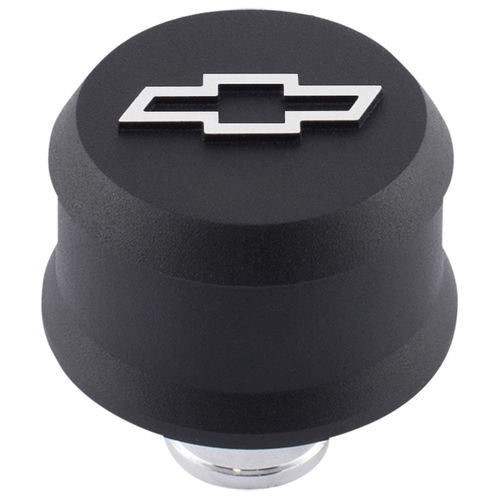 Proform Push-In Slant-Edge Breather - 1-1/4 in Hole - Raised Polished Bowtie Logo - Black Crinkle Powder Coat