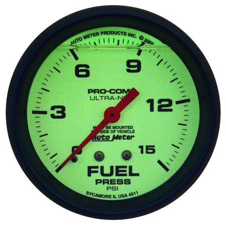 Auto Meter 2-5/8" Ultra-Nite F/P Gauge - 0-15 PSI