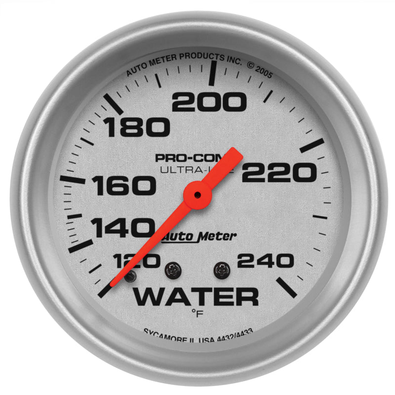 Auto Meter Ultra-Lite 120-240 Degree F Water Temperature Gauge - Mechanical - Analog - Full Sweep - 2-5/8 in Diameter - Silver Face 4432