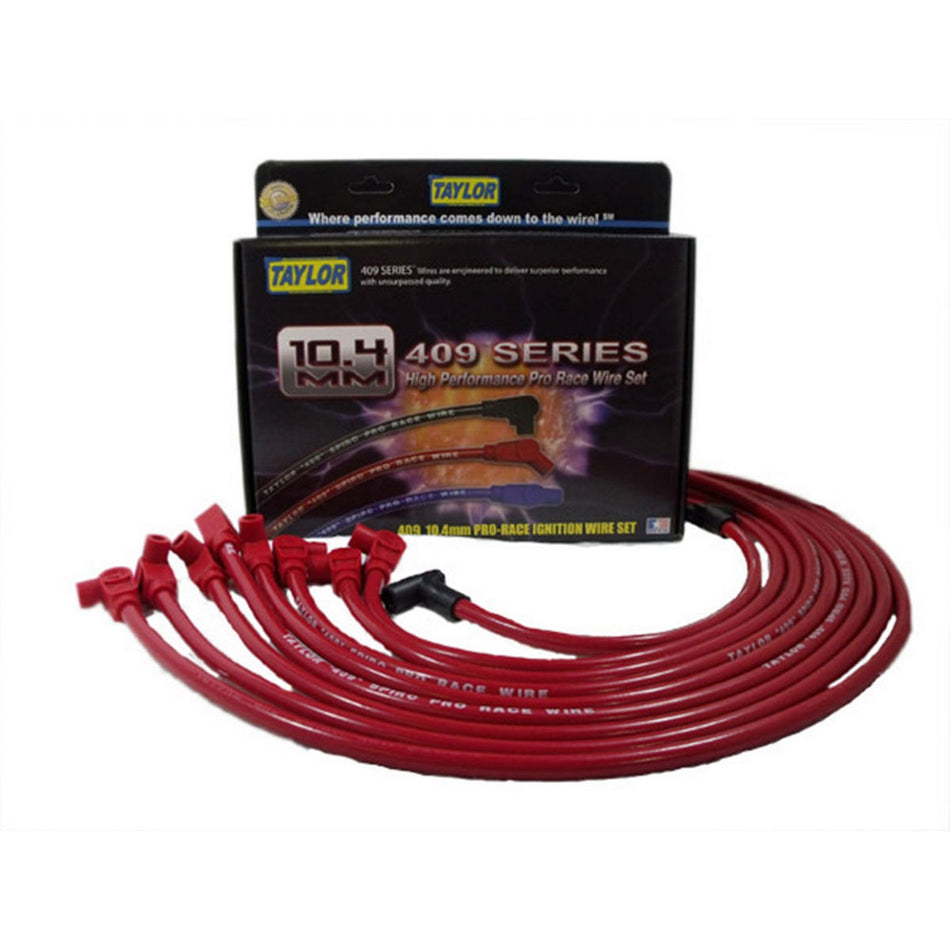 Taylor 409 Pro Race Spiral Core 10.4 mm Spark Plug Wire Set - Red - 90 Degree Plug Boots - HEI Style Terminal - Under Header - Small Block Chevy