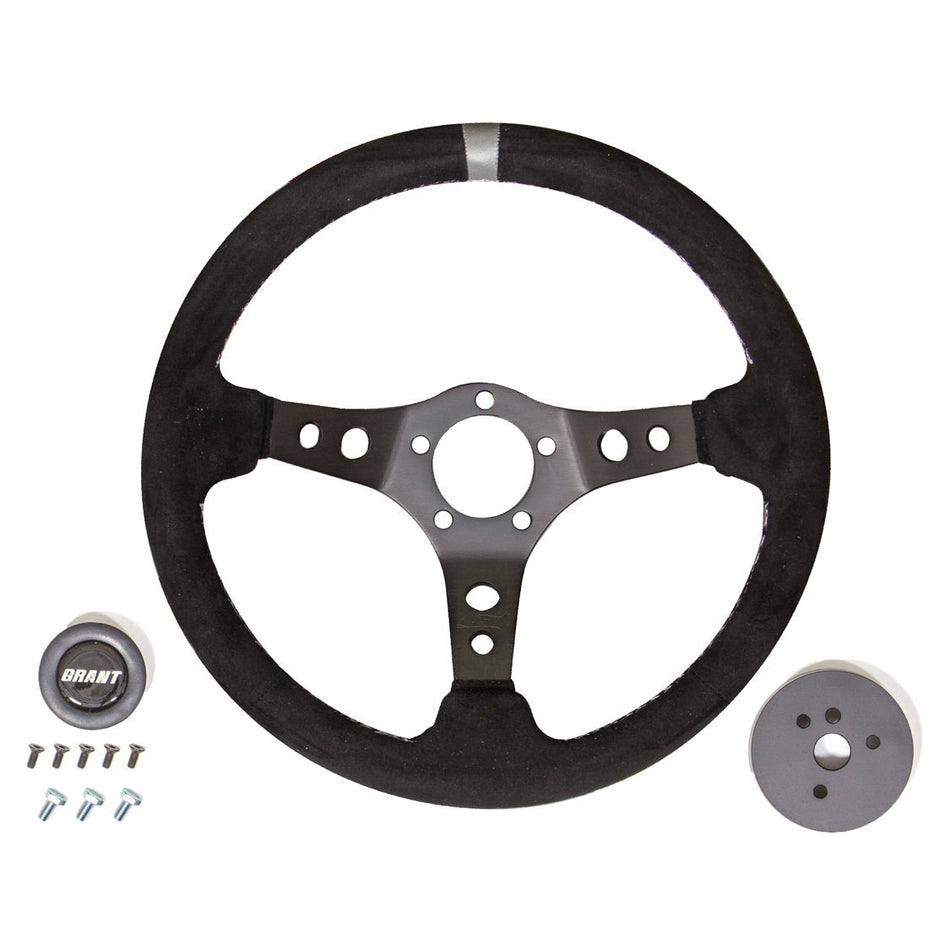 Grant Performance and Race Steering Wheel - 13.75 in Diameter - 3.5 in Dish - 3-Spoke - Black Suede Grip - Gray Stripe - Black Anodized