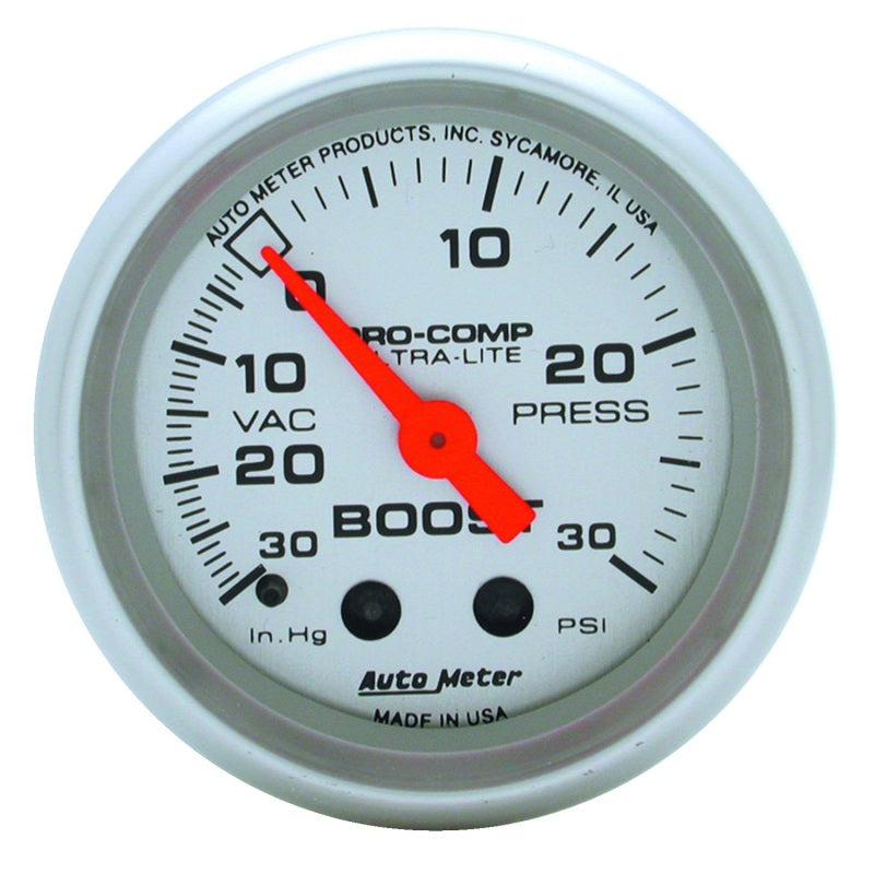 Auto Meter Ultra-Lite 30 in HG-30 psi Boost / Vacuum Gauge - Mechanical - Analog - 2-1/16 in Diameter - Silver Face