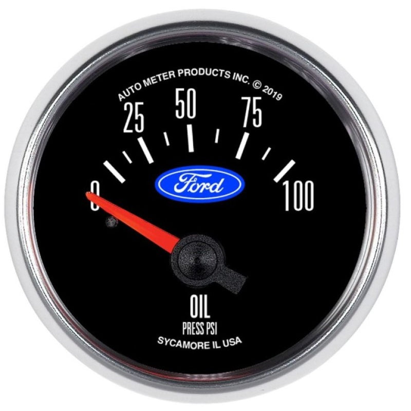 Autometer Oil Pressure Gauge - 0-100 psi - Short Sweep - 2-1/16 in Diameter - 1/8 in NPT Port - Ford Logo - Black Face