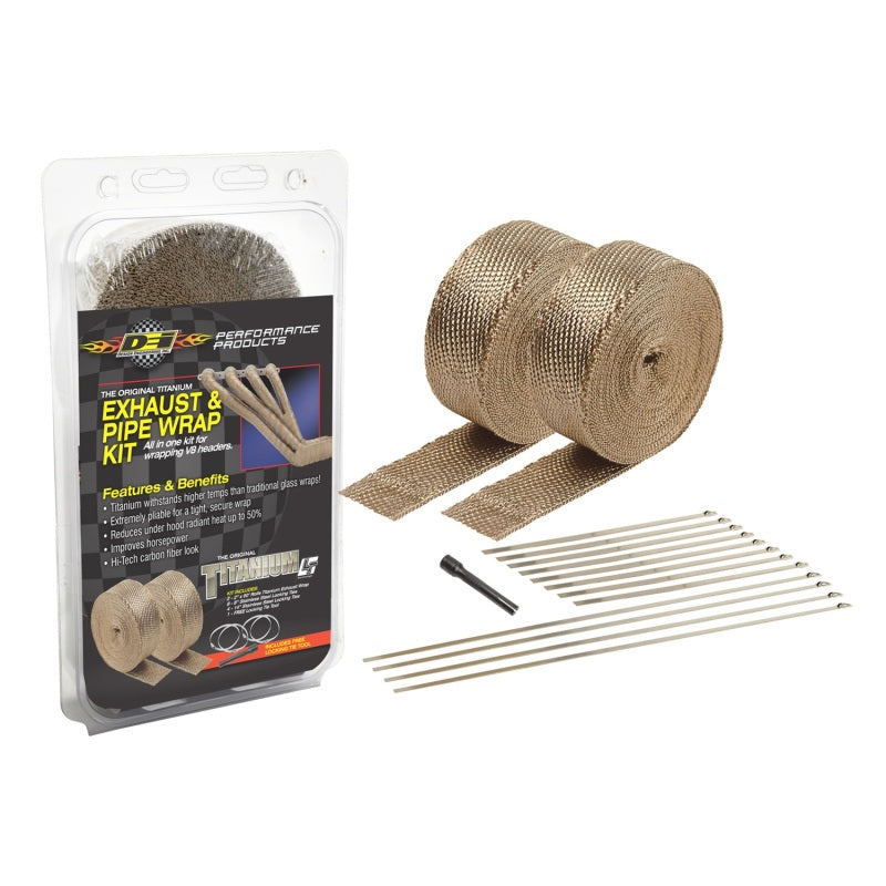 DEI Titanium Exhaust Wrap Kit 2" Wide Two 50 ft Rolls Stainless Locking Ties - Woven Fiberglass