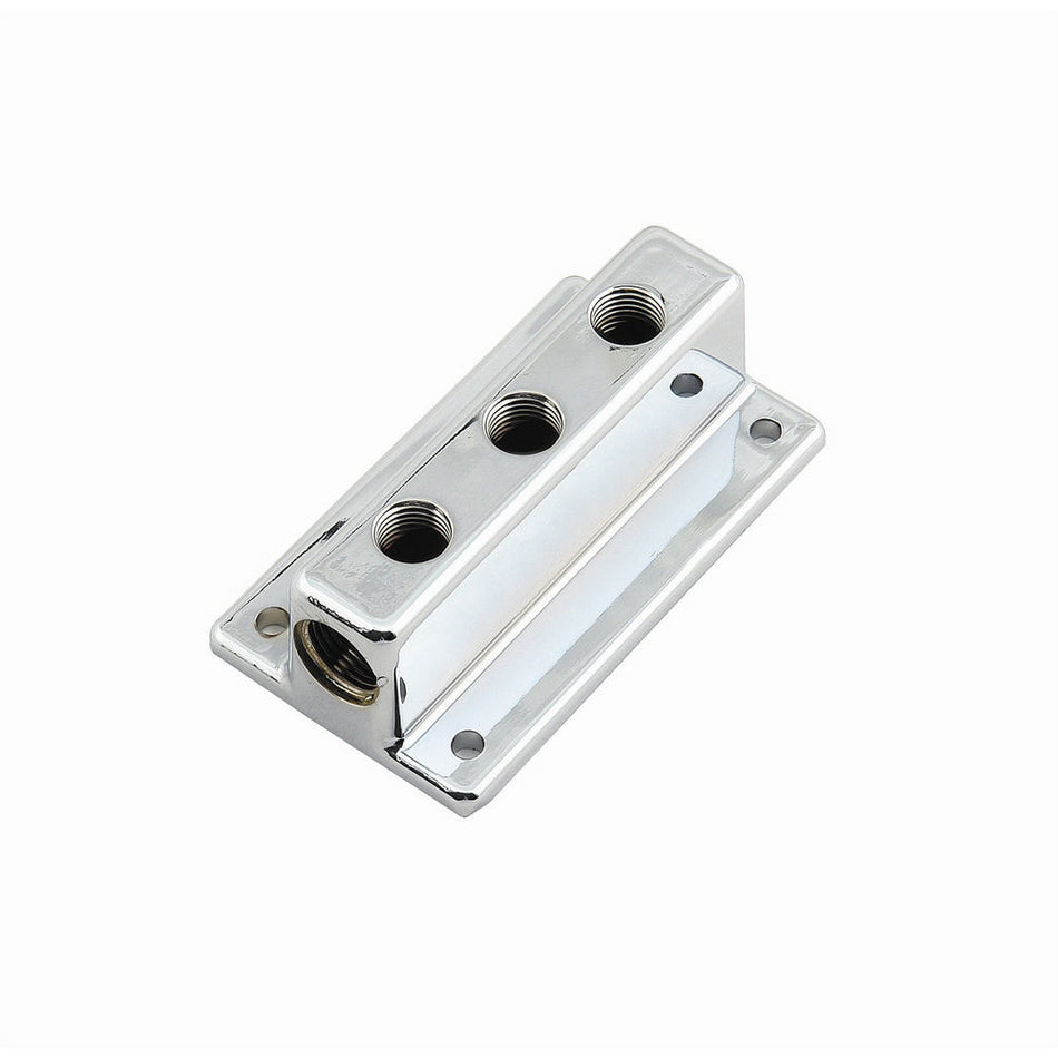 Mr. Gasket T Style Fuel Block - 3/8 in NPT Female Inlet - Three 1/4 in NPT Female Outlets - Chrome