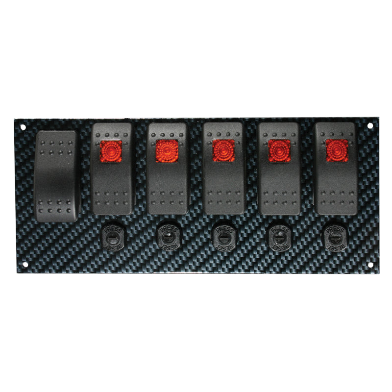 Moroso Dash Mount Switch Panel - 3.438 x 8 in - 5 Rockers / 1 Momentary Rocker - Circuit Breaker - Indicator Lights - Carbon Fiber Look