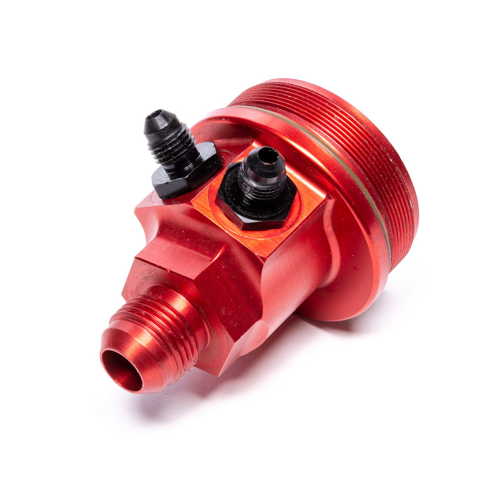 Peterson Fuel Filter End Cap - Inlet - 10 AN Male - 6 AN Ports - Aluminum - Red Anodize - Peterson 400 Series Fuel Filters