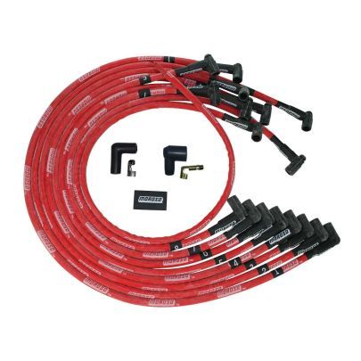 Moroso Ultra Spiral Core 8 mm Spark Plug Wire Set - Sleeved - Red - 90 Degree Plug Boots - HEI Style Terminal - Under The Header - Big Block Chevy