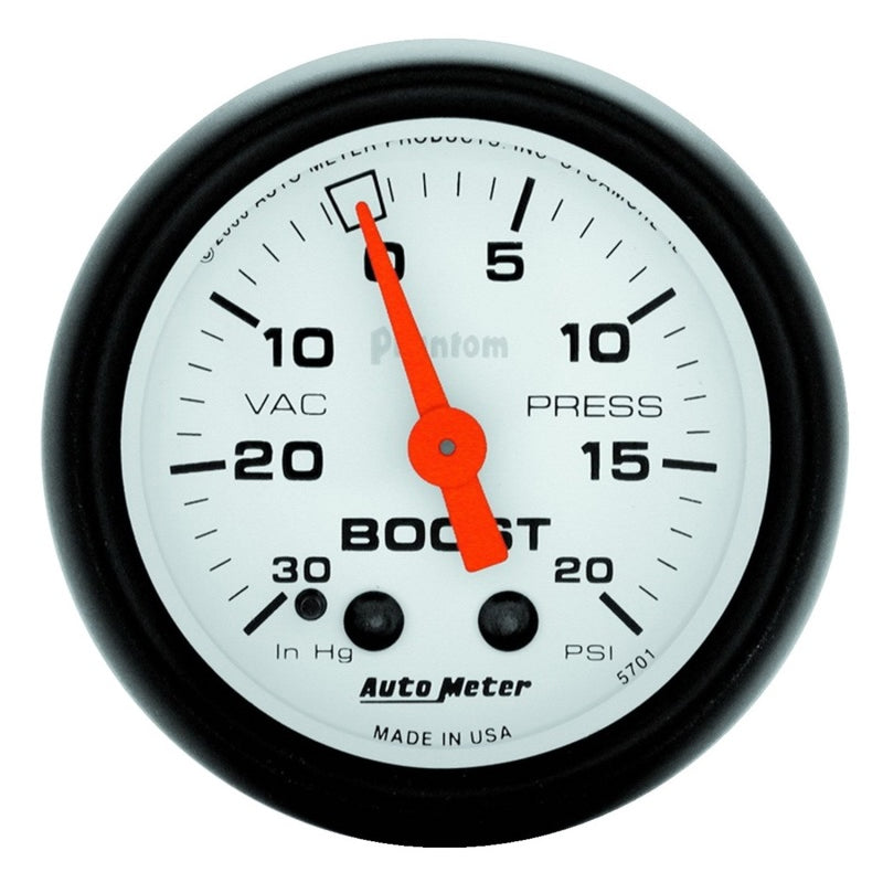 Auto Meter Phantom 30 in HG-20 psi Boost / Vacuum Gauge - Mechanical - Analog - 2-1/16 in Diameter - White Face