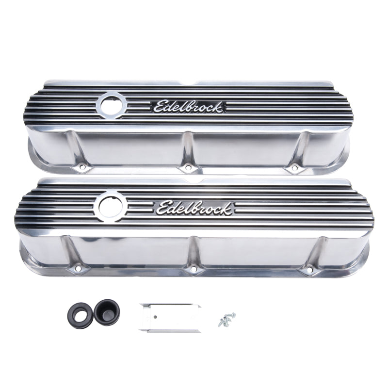Edelbrock Elite II Tall Valve Cover - Baffled - Breather Hole - Edelbrock Logo - Polished - Small Block Ford - Pair