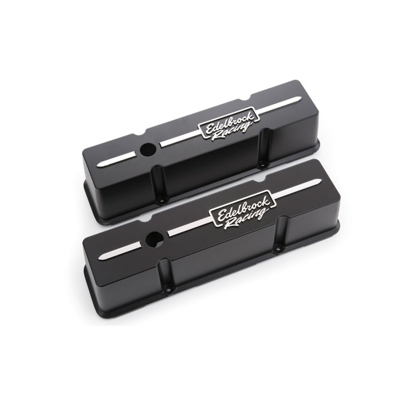 Edelbrock Racing Series Tall Valve Cover - Breather Hole - Edelbrock Logo - Black Powder Coat - Small Block Chevy - Pair