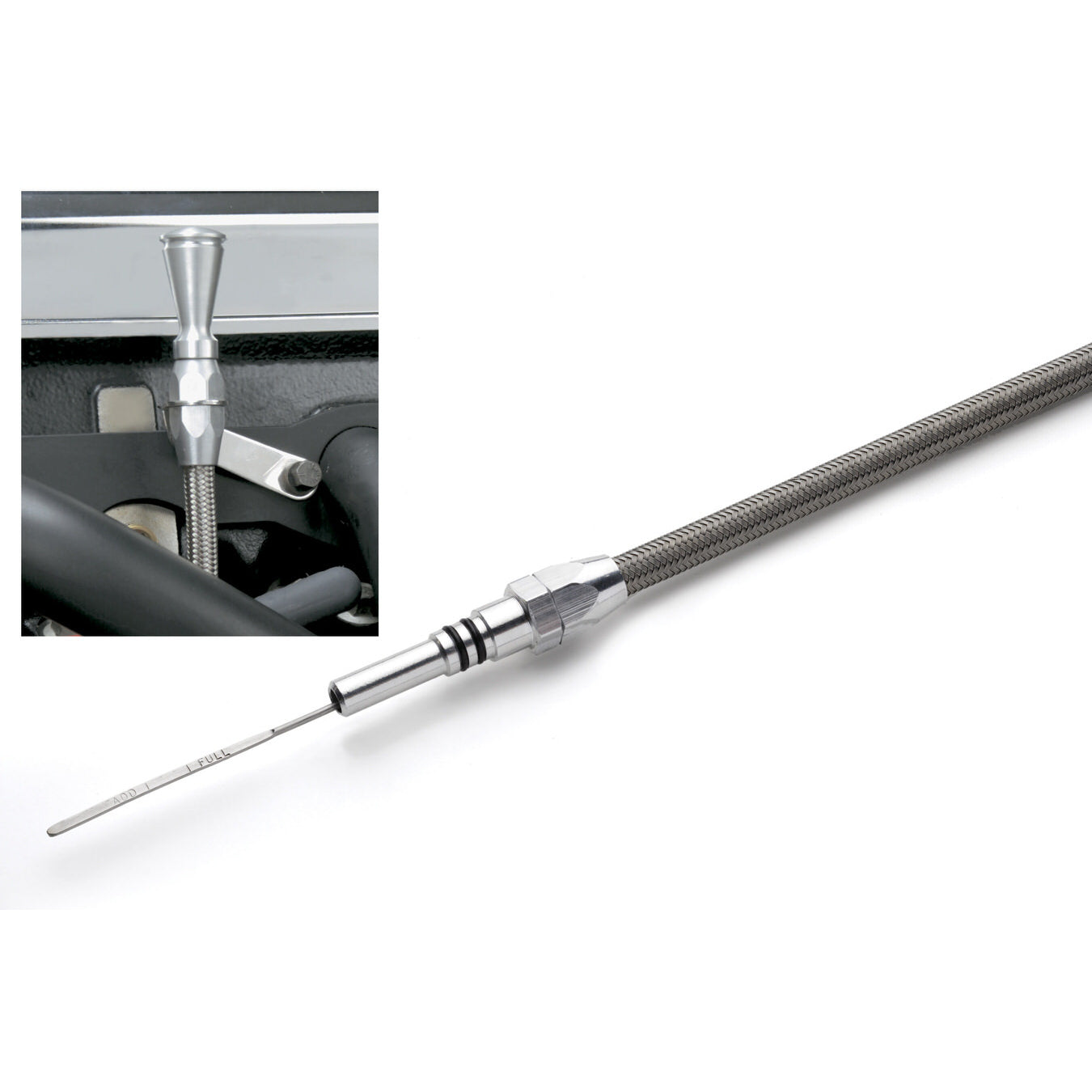 Lokar Engine Oil Dipstick - Pan Mount - Braided Stainless Housing - Clear Anodize - Small Block Ford