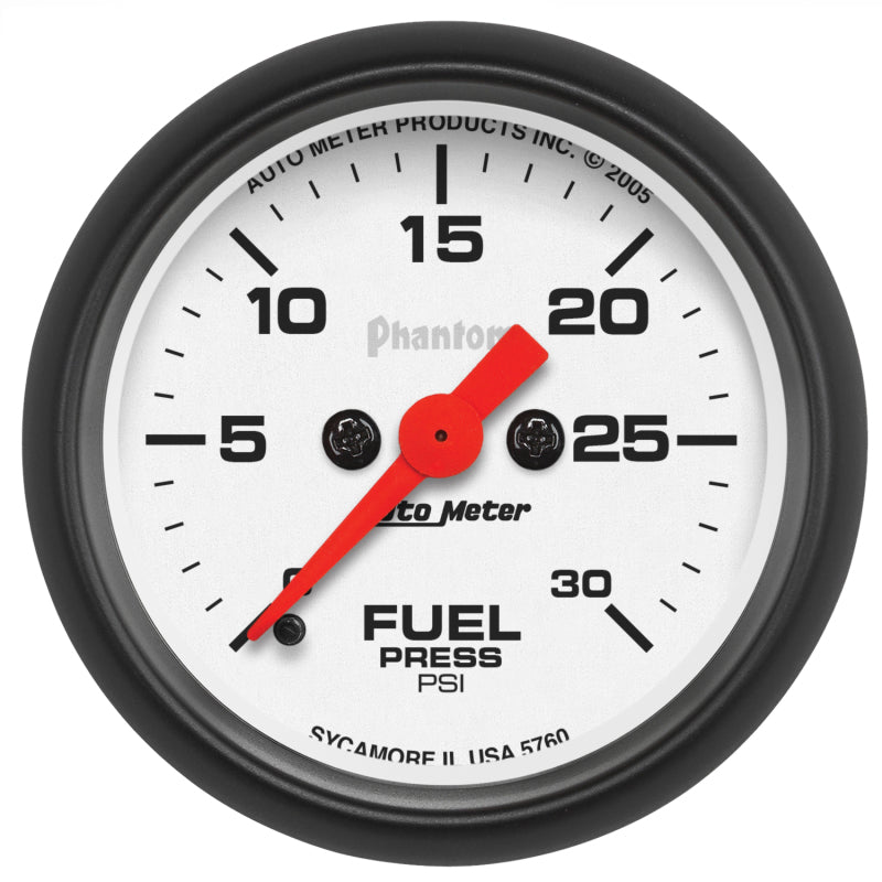 Auto Meter Phantom 0-30 psi Fuel Pressure Gauge - Electric - Analog - Full Sweep - 2-1/16 in Diameter - White Face