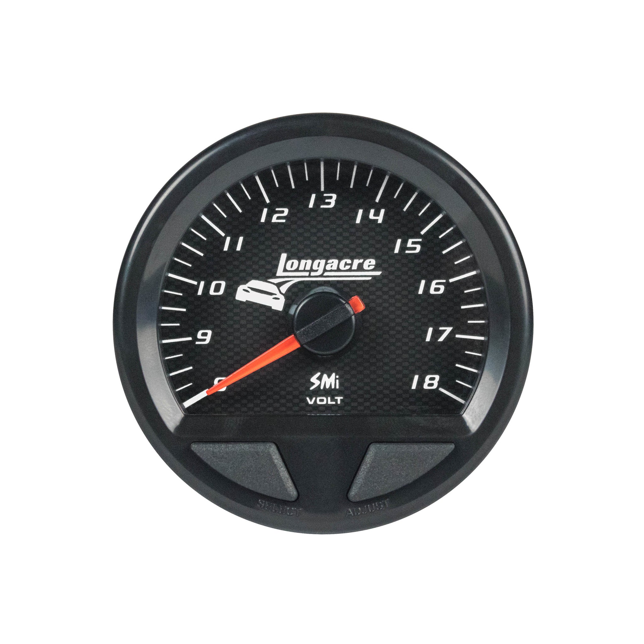 Longacre Waterproof SMI Voltmeter - Stepper Motor - 0-18V - Electric - Analog - Full Sweep - 2-5/8" Diameter - Black Face
