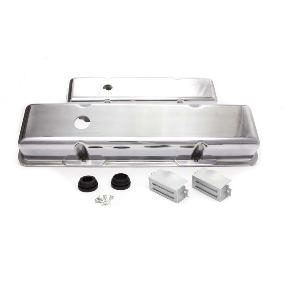 Racing Power Polished Aluminum Valve Covers - Short - SB Chevy 58-86 Valve Covers - (1) Hole