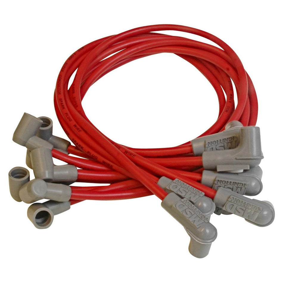 MSD Race Tailored Super Conductor Spark Plug Wire Set - (Red) - Fits All SB Chevy w/ Socket Style Distributor Cap w/ Wires Below Exhaust Manifolds, Headers - 90 Socket Distributor Boots & Terminals, 90 Spark Plug Boots & Terminals