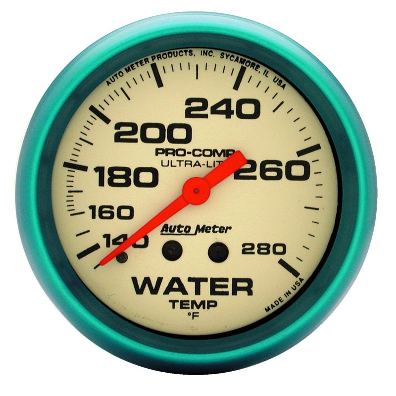 Auto Meter Ultra-Nite 140-280 Degree F Water Temperature Gauge - Mechanical - Analog - Full Sweep - 2-5/8 in Diameter - White Face 4535