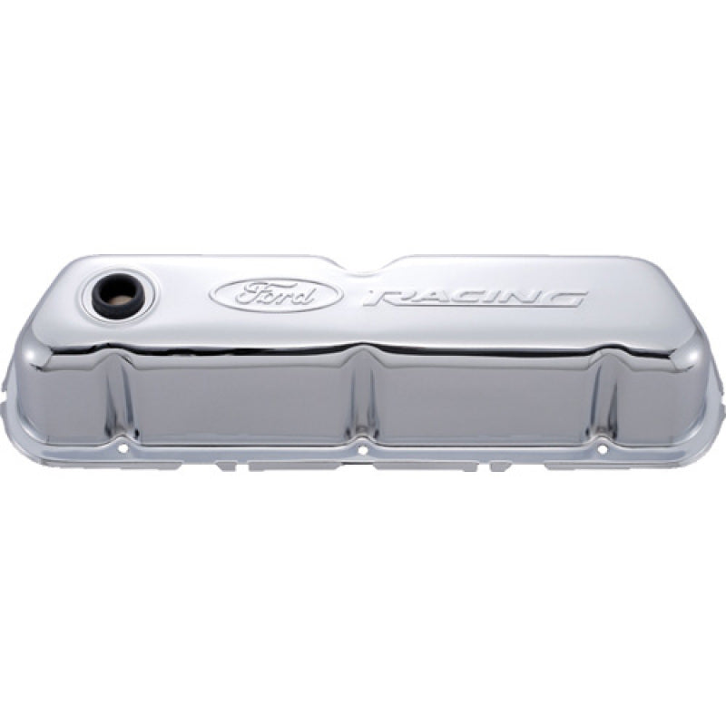 Ford Racing Valve Cover - Stock Height - Baffled - Breather Hole - Ford Racing Logo - Chrome - Small Block Ford 302-070 - Pair